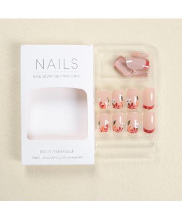 Shop Fall Short Press on Nails | French Tip Medium Length Acrylics - Hand-Painted Glossy Nude with Leaf Designs - Buy Online on GoSupps.com