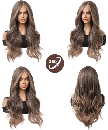 HAIRCUBE Long Brown Wavy Wig for Women - Synthetic Curly Hair with Highlights, Middle Parting - Mixed Brown - Buy Online on GoSupps.com