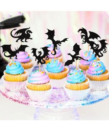 Keaziu 24 PCS Black Dragons Cupcake Toppers Black Glitter Cake Picks Six Dinosaur Combinations Cupcake Topper for Dragon Themed Party Baby Shower Birthday Theme Party Cake Decorating Black Six Black 6 - Buy Online on GoSupps.com