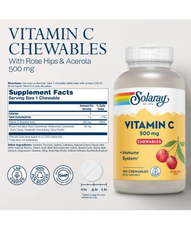 Solaray 500mg Chewable Vitamin C - Cherry Flavor Antioxidant & Immune Support - 100 Chewables - Buy Online on GoSupps.com