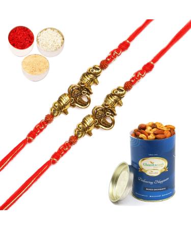 Ghasitaram Gifts Rakhi for Brother Rakhis Online - Set of 2 - LD-84 Om Ganesha Rakhi with 100 GMS of Dryfruits Mix Can 2 Rakhi with 100 gms of Dryfruits Mix Can
