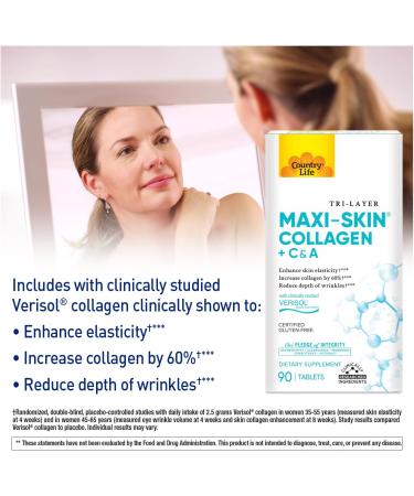 Country Life Verisol Collagen Peptides Tablets - Reduce rinkles & Enhance Skin Elasticity - Includes Vitamin - Boost Skin Collagen by 60% - 90 Tablets - Buy Online on GoSupps.com