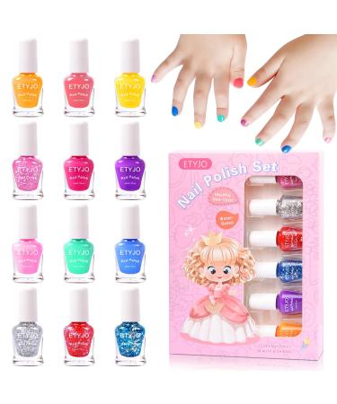 ETYJO Girls Nail Varnish Sets Kids - 12 Colors Glitter Peel-Off Nail Polish For Kids Non-Toxic Childrens Nail Varnish Quick Dry Nail Polish Sets For Girls Teens Gift Kit