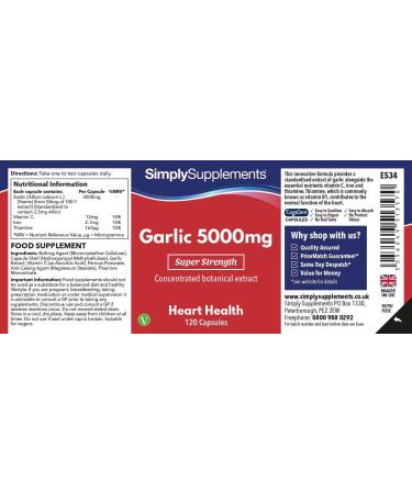 Garlic Capsules 5000mg - 120 Vegan Capsules | High Strength Odourless Supplement for Heart Health | UK Made - Buy Online on GoSupps.com