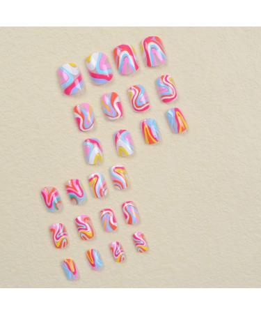 Vezocim Press on Nails - 24PCS Glossy Short Coffin Nails with Colorful Wavy Line Designs | Extra Short Acrylic Fake Nails for Women - Buy Online on GoSupps.com