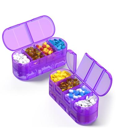 Weekly Travel Pill Organizer 2/3/4 Times a Day Pill Organizer Double-Sided Opening Design Portable Pill Box for Storing Fish Oils/Medication/Vitamins/Supplements (2PC Purple)