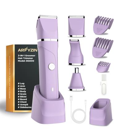 AREYZIN Bikini Trimmer for Women Painless Electric Razor for Women 3 in 1 Pubic Hair Trimmer for Women USB Recharge Dock Replaceable Ceramic Blade Heads IPX7 Personal Shaver Kits Purple Pruple