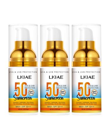 LKIAE Spf 50+ Sunscreen UVA UVB Protection Prevent Sunburn Skin Darkening Pigmentation Anti-Wrinkles With Aloe Vera Travel Size 2 oz (Pack of 3)