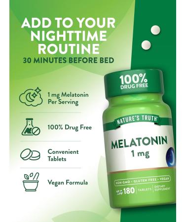 Nature's Truth Melatonin 1 mg | 180 Tablets | 100% Drug Free | Vegan Non-GMO and Gluten Free Supplement - Buy Online on GoSupps.com