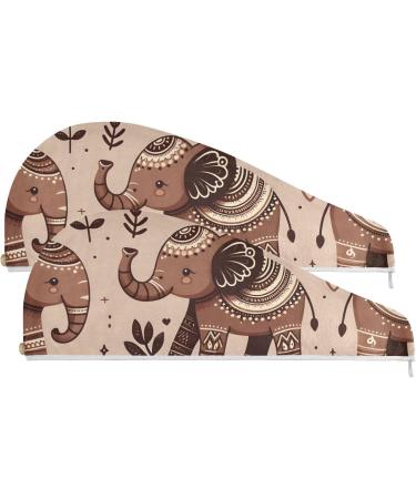Brown Boho Elephants Hair Towel 2 Pack | Super Absorbent Quick Dry Hair Turbans for Women & Girls - Buy Online on GoSupps.com