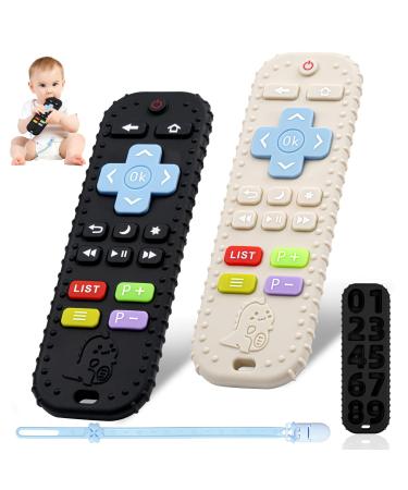Baby biting toys 3 pieces of baby remote control bite ring silicone toothing aid baby bpa-free with baby pacifier chain silicone teeth only accessories for 3+ months baby (white+ black) black+ white