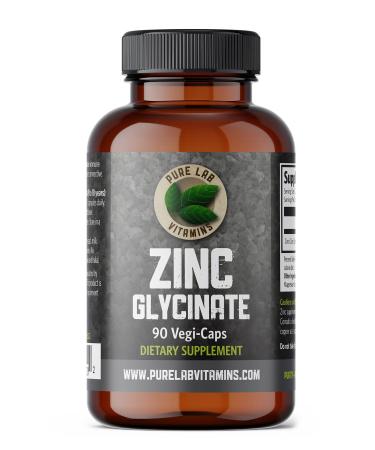 Zinc Glycinate 23 mg Supplement - 60 Vegan Caps by Pure Lab Vitamins - Amino Acid Salt for Healthy Skin & Nails - Supports The Immune System Prostate Vision - Made in Canada