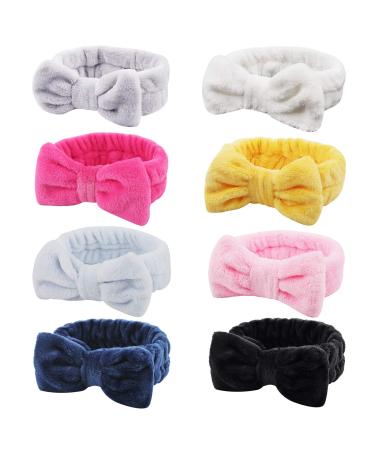 Ondder 8 Pack Spa Headbands Makeup Bow Face Wash Bowknot Headbands for Washing Face Solid Color Facial Headbands Fluffy Skincare Shower Spa Cosmetic Headband Bow Hair Band for Women Girls 8 Pack-a