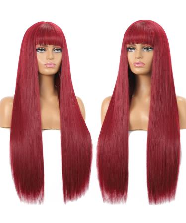 Seelaugh 75 cm Long Red Wig with Ponytail & Fringes Burgundy Synthetic Hair Wigs for Women - Buy Online on GoSupps.com
