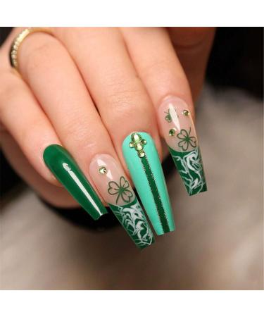 24pcs St. Patrick's Day Lucky French Press on Nails Leaf Clove Fake Nail Patrick's Day Long Coffin Nails Press on Nails Coffin Shape Nails For Women's