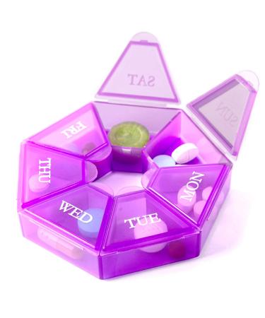 7-Sided Portable Pill Box Medicine Planner Small case (Seven Day Weekly Container) Medication, Vitamin Holder Boxes Organizer Pillbox Dispenser Organizer, sorter and Reminder containers (1 Unit) Purple