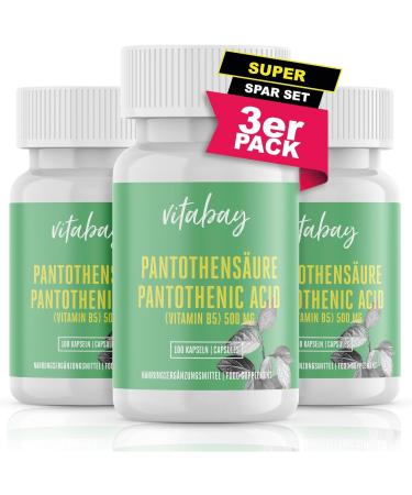 VITABAY Pantothenic acid 500 mg 300 vegan capsules (3 -series set) Pantothenic acid (vitamin B5) Highly dosed gastrointestinal resistant purely biologically made in Germany 100 pieces (3 -pack) vitamin B5