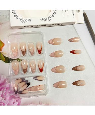 24Pcs Brown French Tip Press on Nails - Medium Almond Acrylic Full Cover False Nails with 3D Stripe - Perfect Glue on Nails for Women - Buy Online on GoSupps.com
