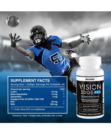 Eye Supplement for Athletes Formula with Lutein Zeaxanthin and Meso-Zeaxanthin Eye Supplements Omega 3 Essential Carotenoids for Eyes - (90 Softgels 3 Month Supply) Vision Edge Pro 90ct - Buy Online on GoSupps.com