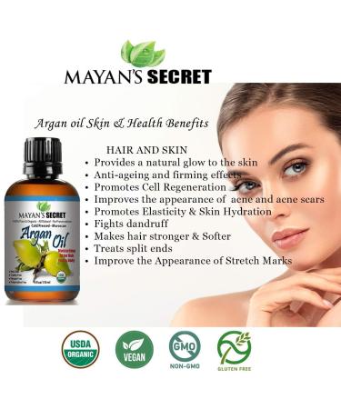 Mayan's Secret 4oz Organic Argan Oil for Hair Growth Skin Face Nails & Beard - Nourishing & Soothing Oil for Face & Body - Buy Online on GoSupps.com