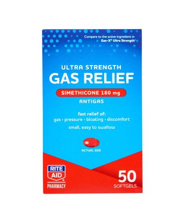 Rite Aid Ultra Strength Gas Relief, Simethicone Softgels Antigas, 180 mg - 50 Count | Gas and Bloating Relief | Anti Gas | Bloating Relief for Women and Men