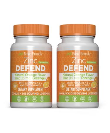Basic Brands Zinc Orange Defend - 100 Lozenges - Natural Orange Flavor Zinc Lozenges - Immune Boost Cold Relief Non-GMO Zinc Acetate & Vitamin C - 2-Pack Orange 100 Count (Pack of 2)