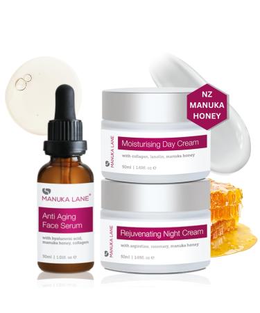 Manuka Honey Complete Skin Care Regimen | Includes (1) Moisturising Day Cream (1) Anti Face Serum (1) Rejuvenating Night Cream | Powerful Safely Derived and Natural Ingredients. Manuka Honey Skin Care Set 1.46 Ounce (Pa