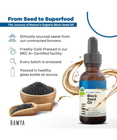 RAWYA Black Seed Oil - Cold Pressed - Nigella Sativa- High TQ 2% - Kalonji Oil - Premium Black Cumin Seed for Beauty and Wellness - Daily Essentials Nutrients - 1.7 Fl Oz Glass Bottle - Buy Online on GoSupps.com