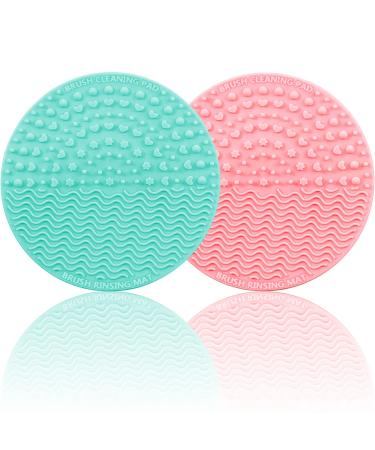 Makeup Brush Cleaning Pad, Brush Cleaning Mat, Silicone Makeup Cleaning Brush Scrubber Mat, Cosmetic Brush Cleaner with Suction Cup for Valentines Day (2 Pack-Green & Pink)