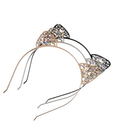 Bnikion Cat Ears Headband Rhinestone Cat Headbands Crystal Hair Hoop Women Party Headdress Cosplay Costume Headwear Halloween Makeup Handmade Headpiece Hair Band Hair Accessories 3 Pack