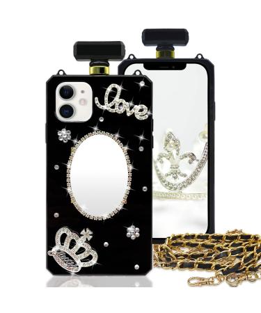 TINTON Compatible with iPhone 11 Perfume Bottle Case Luxury Bling Makeup Mirror for Women Girls Elegant Diamond Crystal Rhinestone Crown Love Gem Flower with Crossbody Strap Protective Case Black Black iPhone 11
