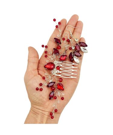 Wine Red Bridal Crystal Hair Comb and Earrings Set - Elegant Wedding Accessories for Women - Buy Online on GoSupps.com