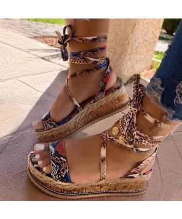 Women's plateau sandals with wedge heel summer open toe area plateau sandals fashionable snake pattern women's leisure shoes buckle ankle straps party strappy sandals Khaki 36 (K Khaki 42 EU