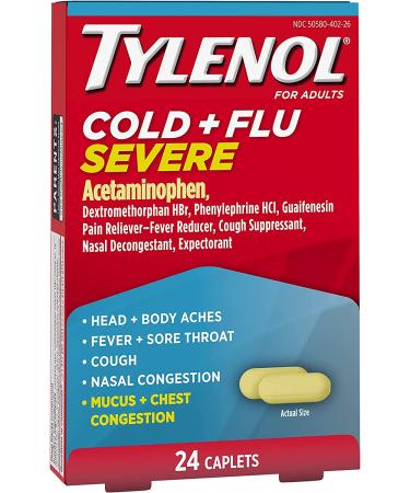 Tylenol Cold & Flu Severe Caplets - 24 ct Relief for Fever, Pain, Cough & Congestion - Buy Online on GoSupps.com