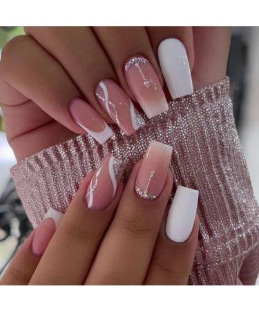 24Pcs Square False Nails Short White and Nude French Glitter Press on Nails Acrylic Full Cover Stick on Nails with Glue Stickers Glossy Rhinestones Fake Nail for Women and Girls Nails Art White & Nude Shiny