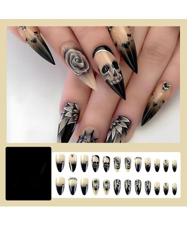 Stiletto Press on Nails - Goth Skull & Black Rose Fake Nails | 24Pcs Halloween Acrylic Nails with Rhinestones - Perfect for Women & Girls - Buy Online on GoSupps.com