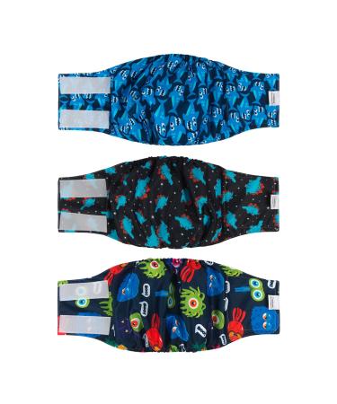 Cutebone male washable dog diapers belly bands 3 pieces reusable dog belly band for male high-suction dog wraps with flexible Velcro dm07l-de Hai & Dinos & Monster L (43-53.5cm)