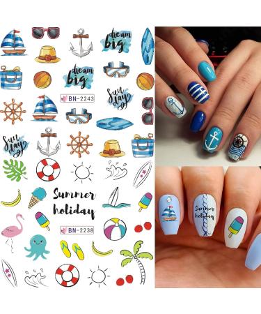 Summer Nail Art Stickers - Palm Tree Beach Water Transfer Decals - Anchor Design Manicure Decorations - 24 Sheets - Buy Online on GoSupps.com