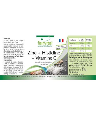 Fairvital | Zinc + Histidine + Vitamin C - for 3 months - with 300mg of Vitamin C 10mg of Zinc & 100mg of Histidine per capsule - Vegan - 90 capsules - Buy Online on GoSupps.com