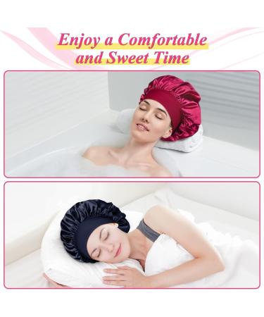 Satin Silk Bonnet Set for Curly Hair | 2pcs Night Sleep Caps for Women - Navy Red - Buy Online on GoSupps.com