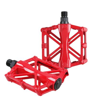 Bike Pedals Mountain Bike Pedals Aluminum CNC Bearing Bicycle Pedals, Road Bike Pedals with 16 Anti-Skid Pins Lightweight Platform Pedals for BMX/MTB Bike 9/16" Spindle Red