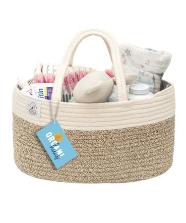 OrganiHaus Rope Diaper Caddy Basket & Baby Changing Basket | Diaper Caddy Organizer | Nursery Basket & Gifts for Newborn | Baby Organizer for Changing Table Basket Dividers & Handles - Brown Diaper Caddy Brown/White