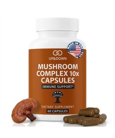 Up&Down Supplements Mushroom Complex 10X | Brain Focus Immune Support Energy & Clarity | Lions Mane Cordyceps Reishi Chaga Turkey Tail Blend | Made in USA | Vegan Non-GMO Gluten Free | 60 Capsules