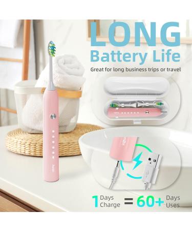 7am2m Sonic Electric Toothbrush for Adults and Kids with Travel Case and 8 Brush Heads 5 Modes with 2 Minutes Build in Smart Timer Roman Column Handle Design (Pink) Pink With Travel Case - Buy Online on GoSupps.com