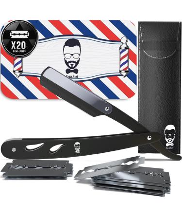Straight edge razor Barber Straight Razor Kit for Men | Premium | 20 Half Blades Shaving Blade Set with Leather Case | Beard and Face Grooming Accessories A-Black