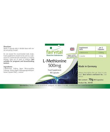  fairvital Fairvital | L-Methionine 500mg - HIGHLY DOSED - VEGAN - 90 Capsules - Amino Acid - Buy Online on GoSupps.com