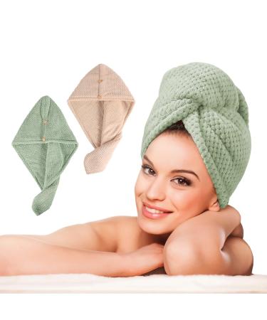 LTBL microfiber hair cloth wrap large double-layer thickened hair drying towel with button fast drying hair towels for women (avocado green & light brown)