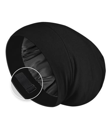 Satin Lined Hair Bonnet for Sleeping  Sleep Cap for Women and Men with Adjustable Strap  Stay On All Night Hair Wrap  Black  Pack of 1