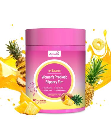originalifv Feminine Probiotics Gummies 60 Vegan Sugar-Free Hawaiian Pineapple Gummies with Slippery Elm Cranberry Lactobacillus Blend 4-in-1 Women pH Balance Gut Immune Vaginal Health