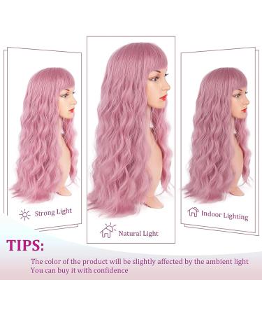 Pretfy 26 Long Pink Curly Wig with Air Bangs - Heat Resistant Synthetic Wig for Women - Ideal for Cosplay, Parties, Halloween - Pink-1 - Buy Online on GoSupps.com